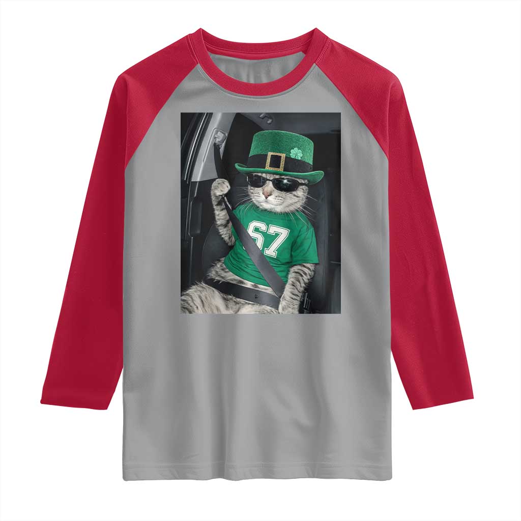 67 Cat St Patricks Day Raglan Shirt Funny Cat Driver Leprechaun Meme