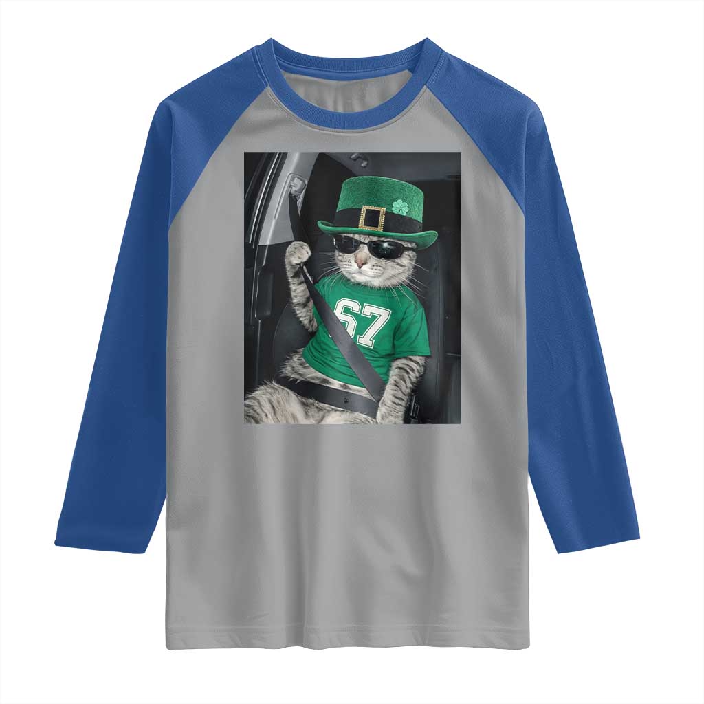67 Cat St Patricks Day Raglan Shirt Funny Cat Driver Leprechaun Meme