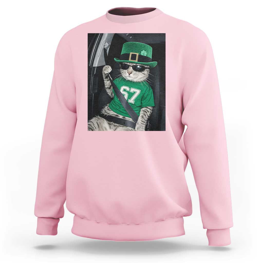67 Cat St Patricks Day Sweatshirt Funny Cat Driver Leprechaun Meme