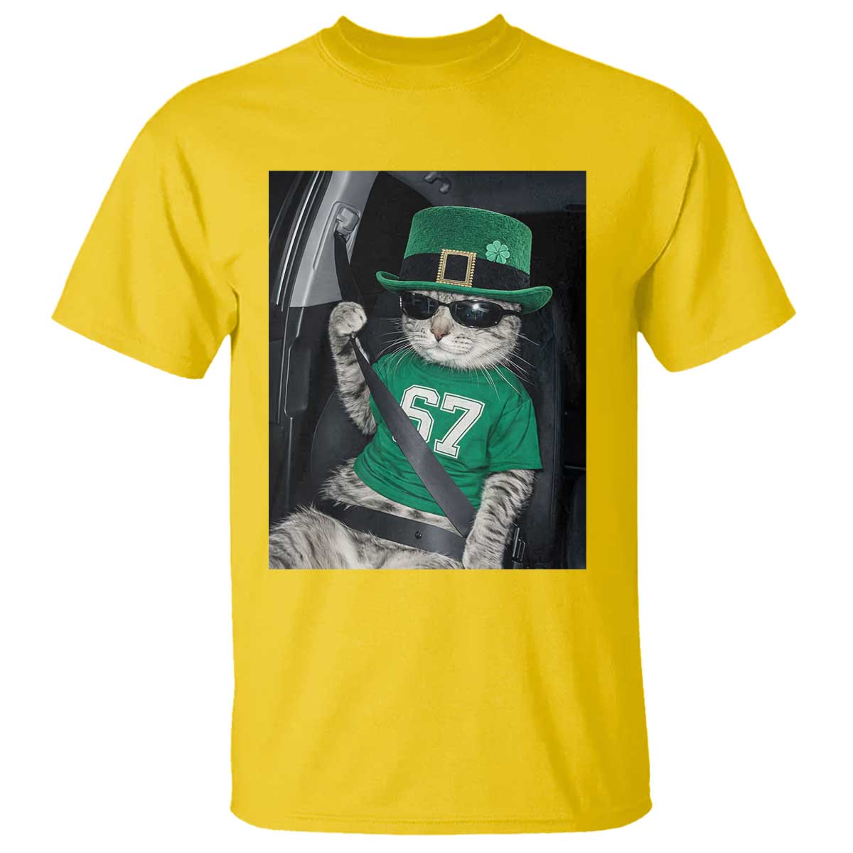 67 Cat St Patricks Day T Shirt Funny Cat Driver Leprechaun Meme