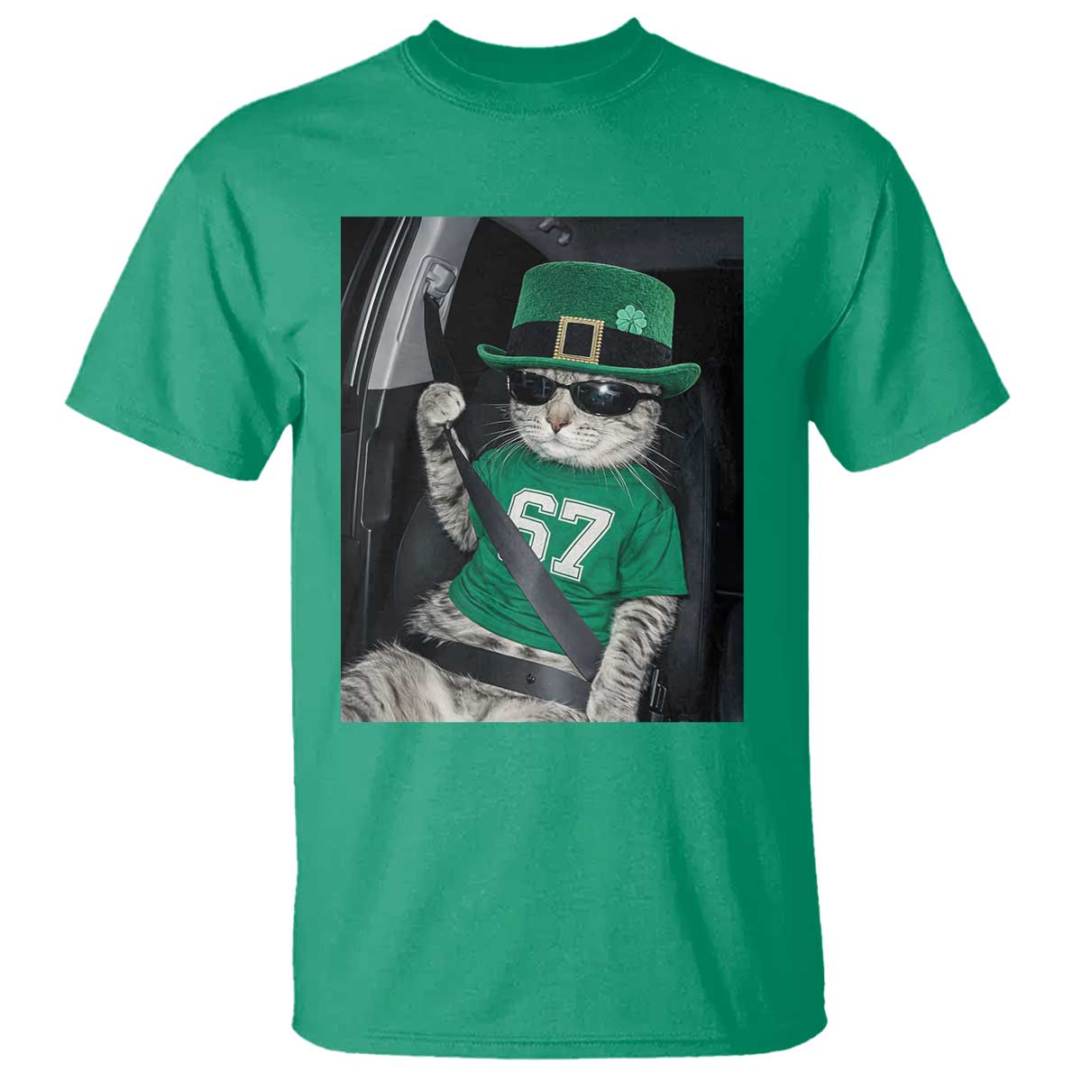 67 Cat St Patricks Day T Shirt Funny Cat Driver Leprechaun Meme