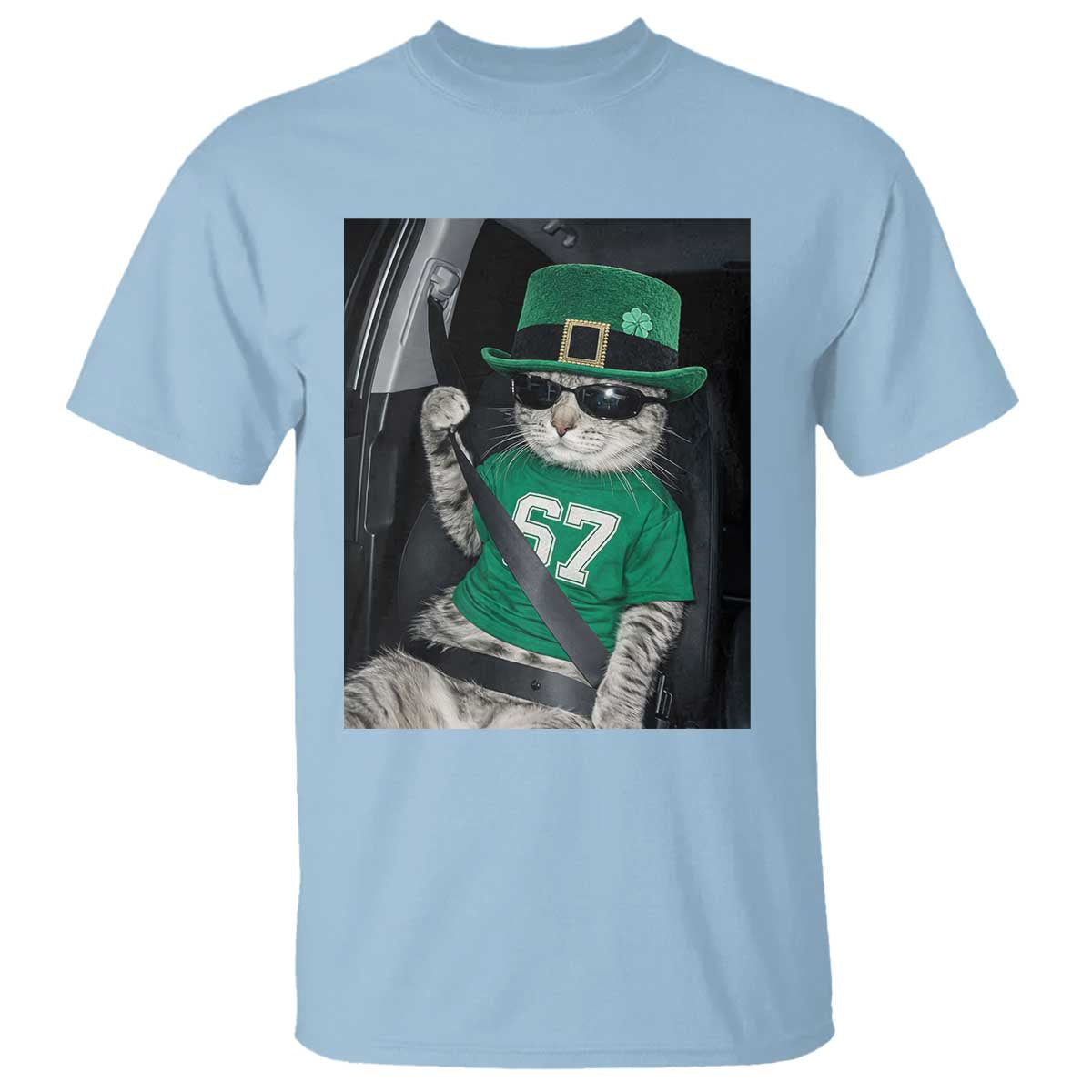 67 Cat St Patricks Day T Shirt Funny Cat Driver Leprechaun Meme