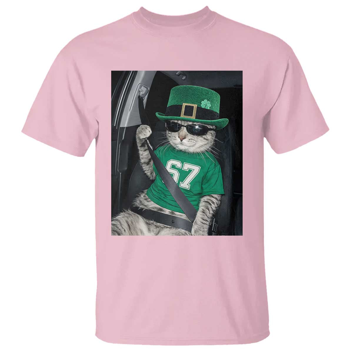 67 Cat St Patricks Day T Shirt Funny Cat Driver Leprechaun Meme