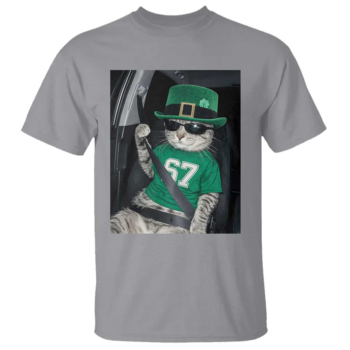 67 Cat St Patricks Day T Shirt Funny Cat Driver Leprechaun Meme