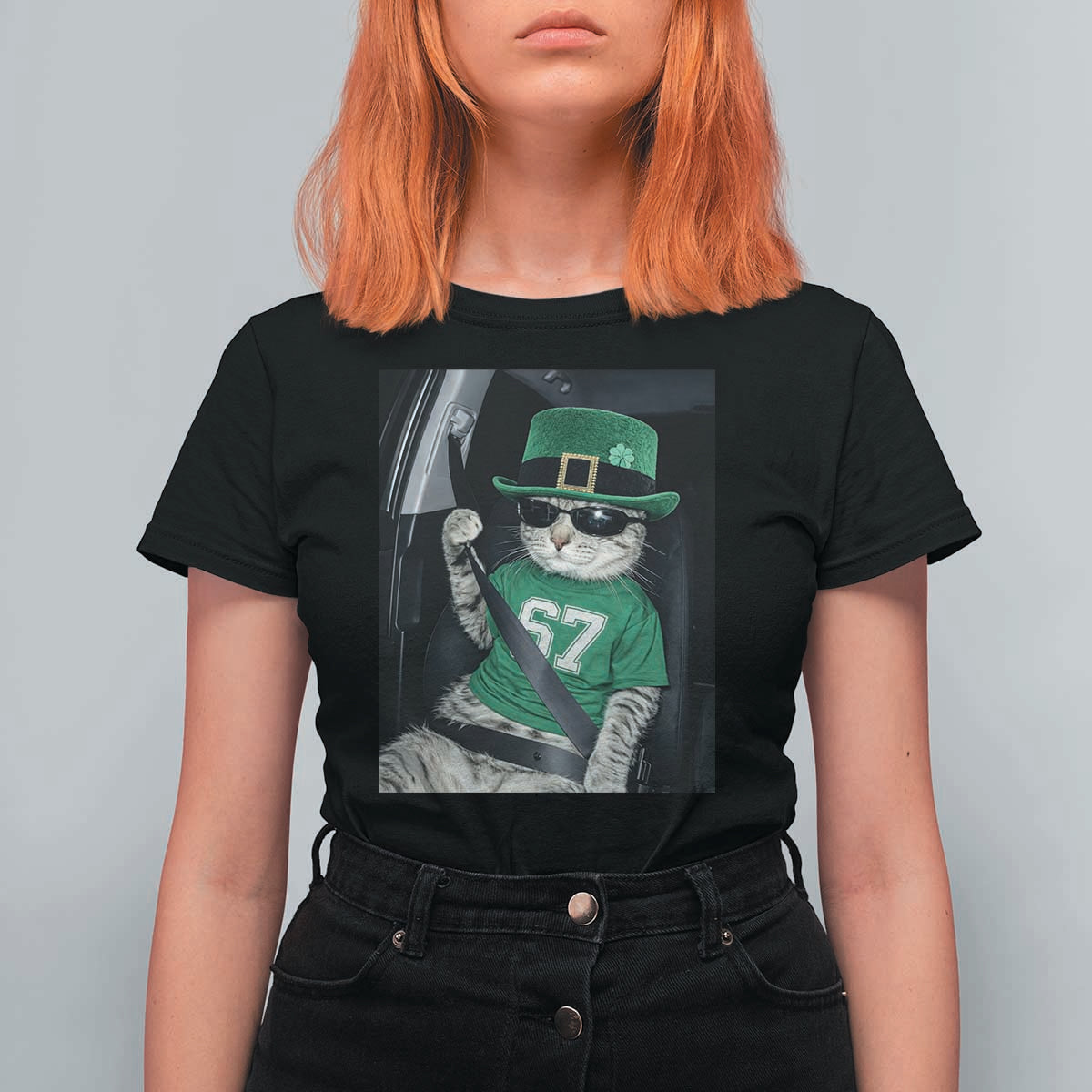 67 Cat St Patricks Day T Shirt For Women Funny Cat Driver Leprechaun Meme