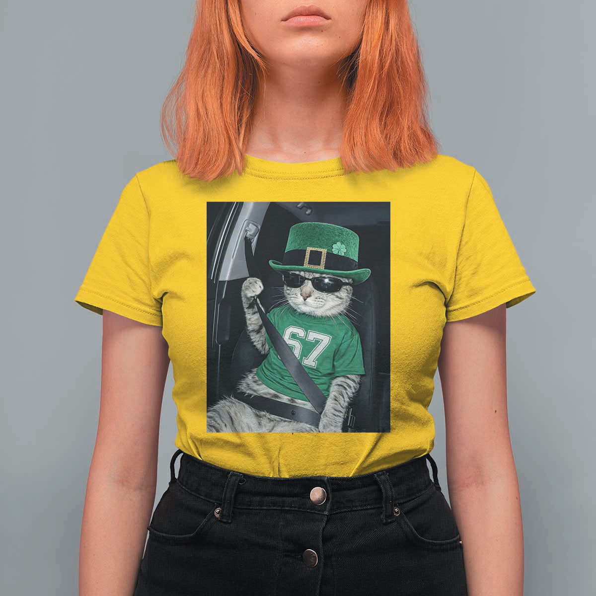 67 Cat St Patricks Day T Shirt For Women Funny Cat Driver Leprechaun Meme