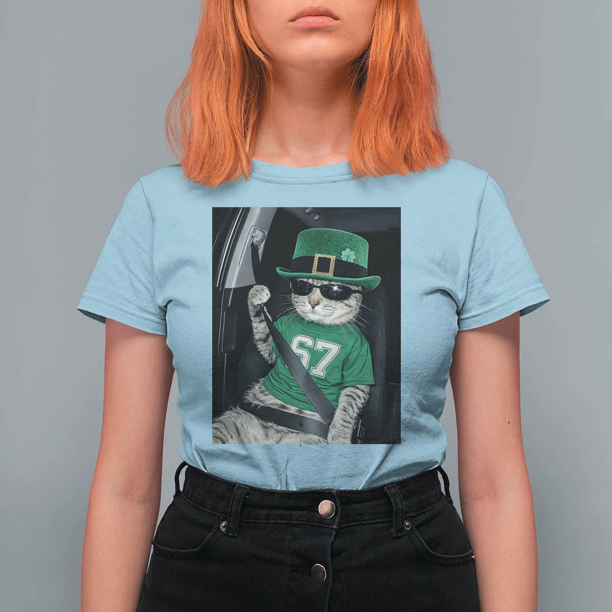67 Cat St Patricks Day T Shirt For Women Funny Cat Driver Leprechaun Meme