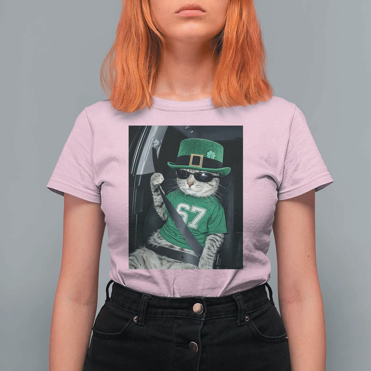 67 Cat St Patricks Day T Shirt For Women Funny Cat Driver Leprechaun Meme