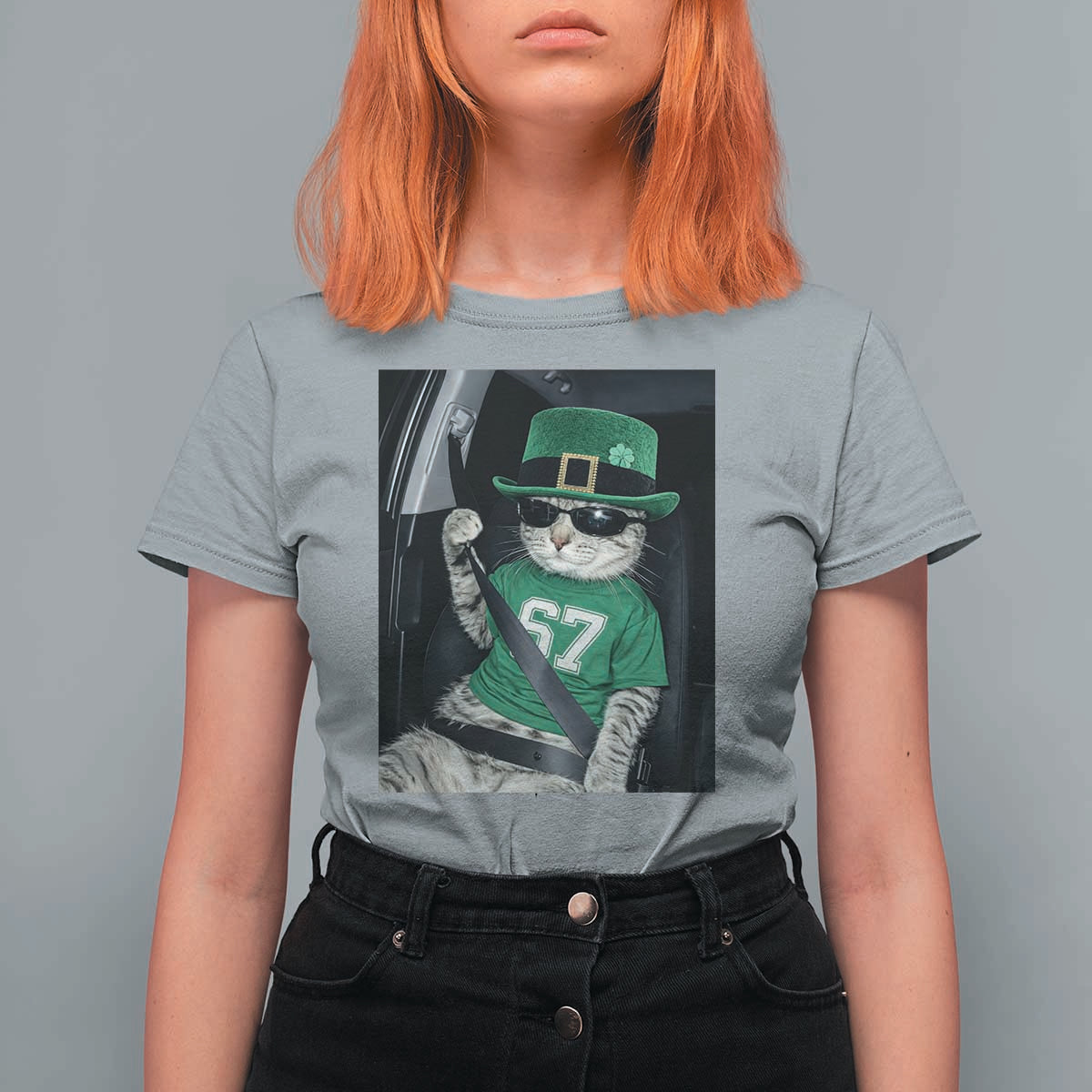 67 Cat St Patricks Day T Shirt For Women Funny Cat Driver Leprechaun Meme