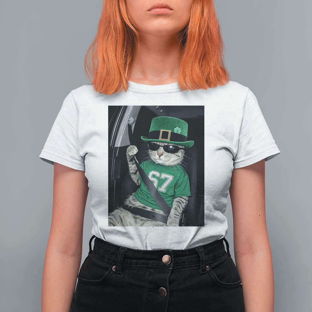 67 Cat St Patricks Day T Shirt For Women Funny Cat Driver Leprechaun Meme
