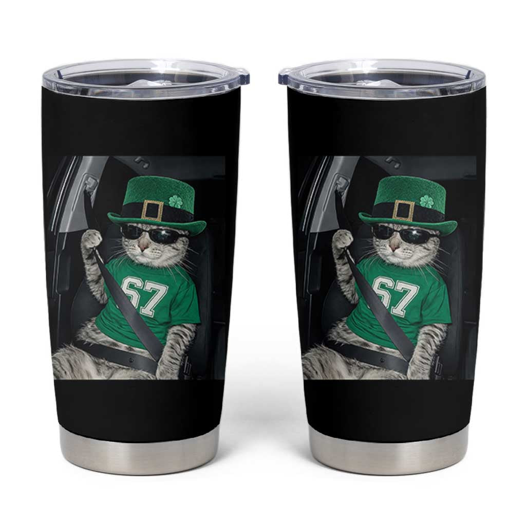 67 Cat St Patricks Day Tumbler Cup Funny Cat Driver Leprechaun Meme