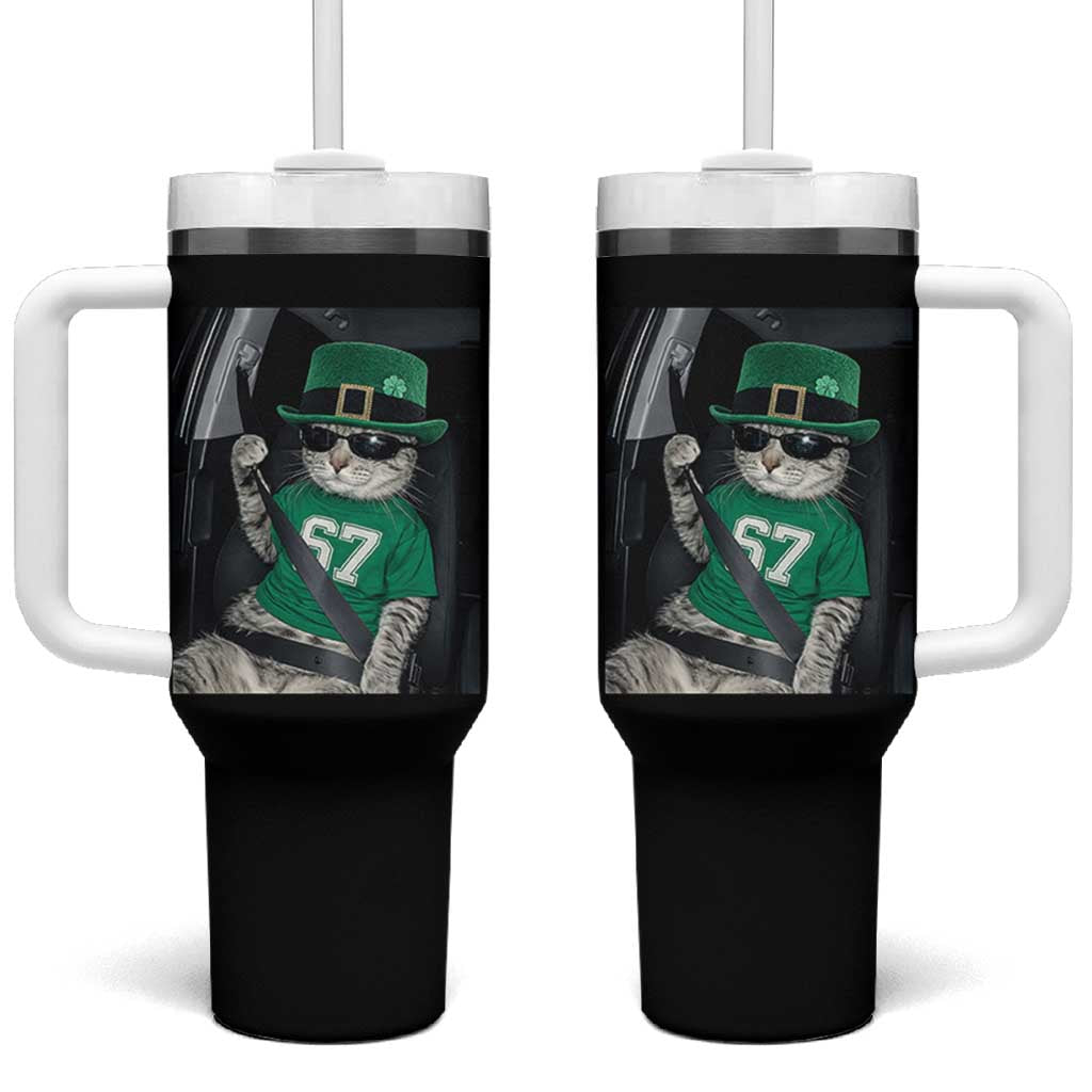 67 Cat St Patricks Day Tumbler With Handle Funny Cat Driver Leprechaun Meme