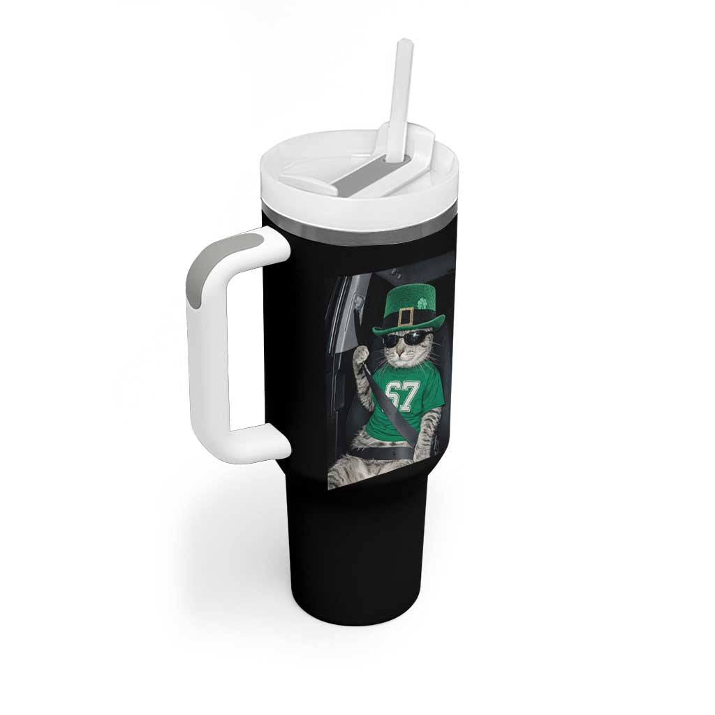 67 Cat St Patricks Day Tumbler With Handle Funny Cat Driver Leprechaun Meme