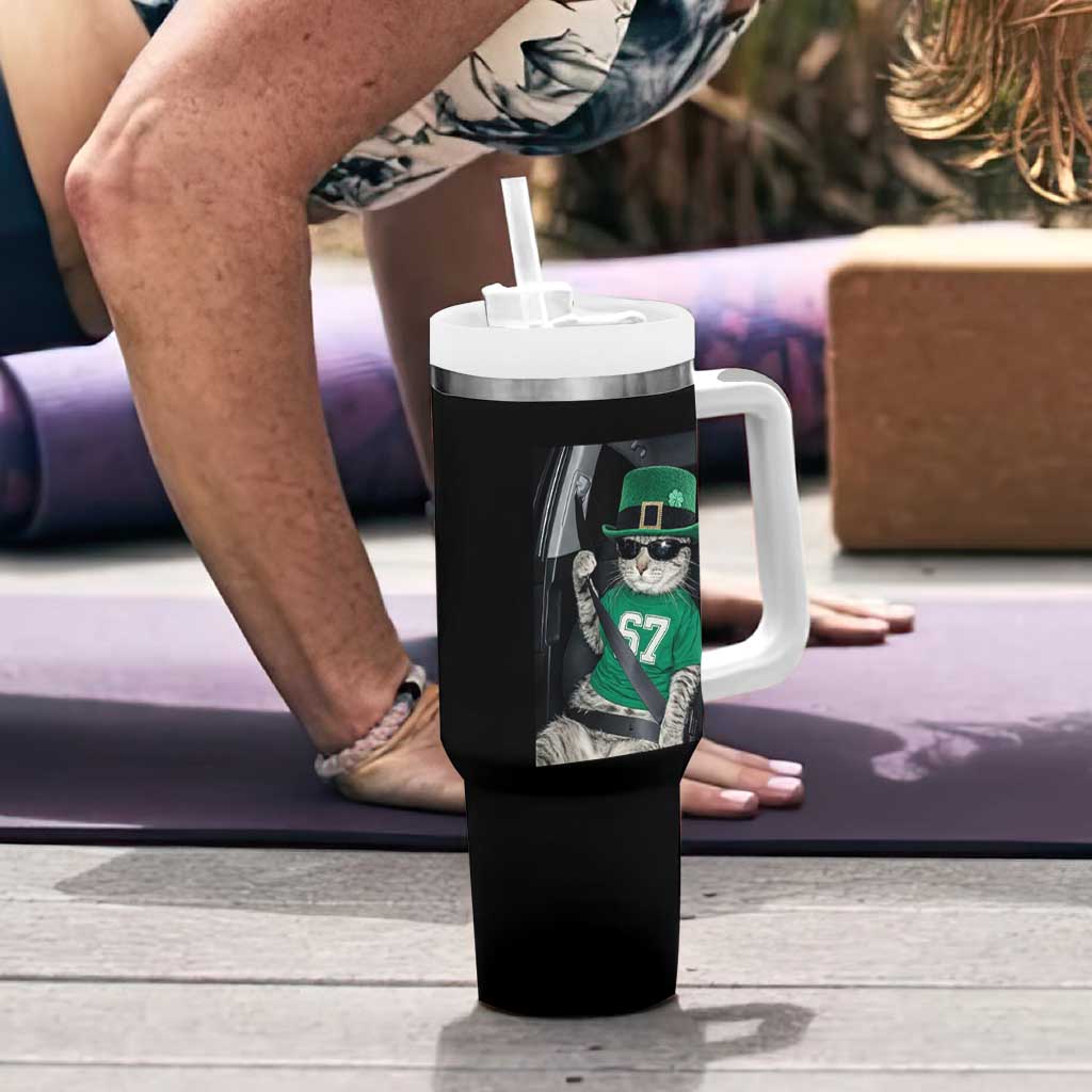 67 Cat St Patricks Day Tumbler With Handle Funny Cat Driver Leprechaun Meme