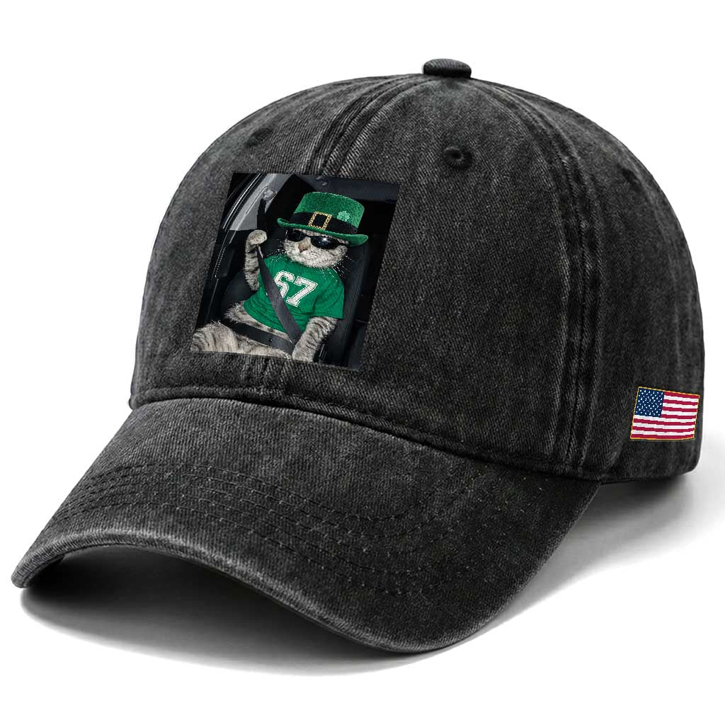 67 Cat St Patricks Day Washed Cotton Baseball Cap Funny Cat Driver Leprechaun Meme