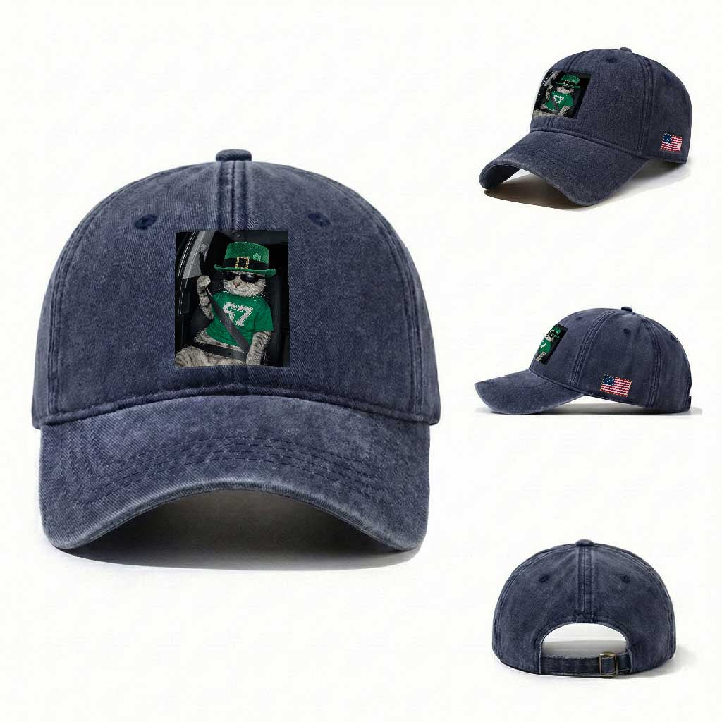 67 Cat St Patricks Day Washed Cotton Baseball Cap Funny Cat Driver Leprechaun Meme