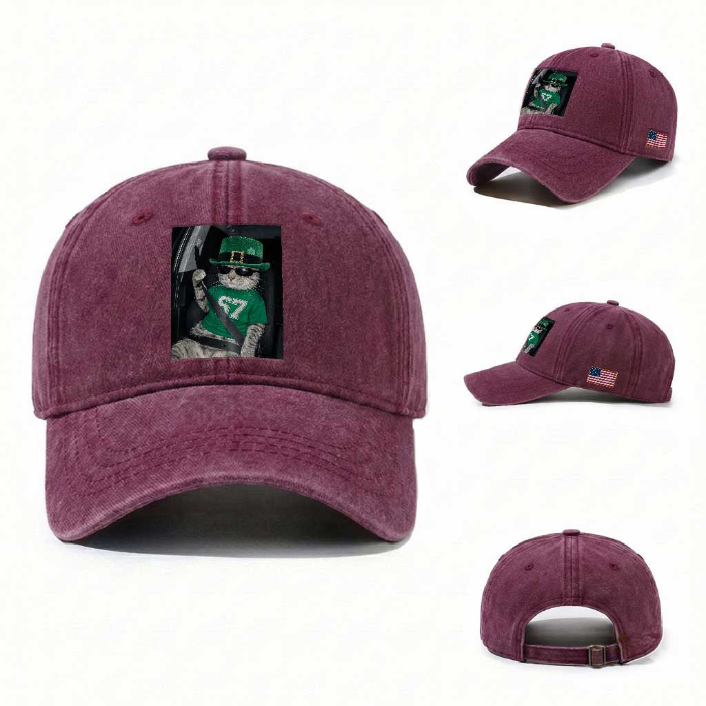 67 Cat St Patricks Day Washed Cotton Baseball Cap Funny Cat Driver Leprechaun Meme