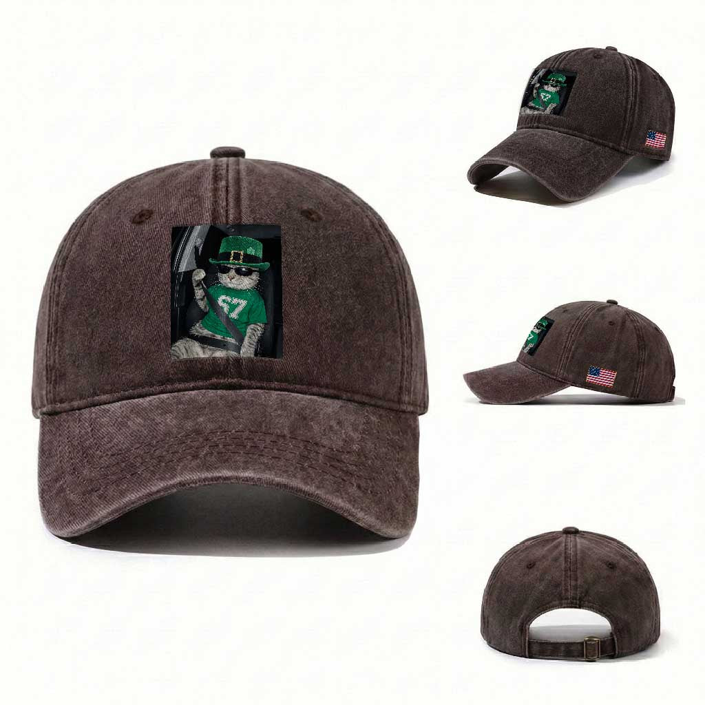 67 Cat St Patricks Day Washed Cotton Baseball Cap Funny Cat Driver Leprechaun Meme