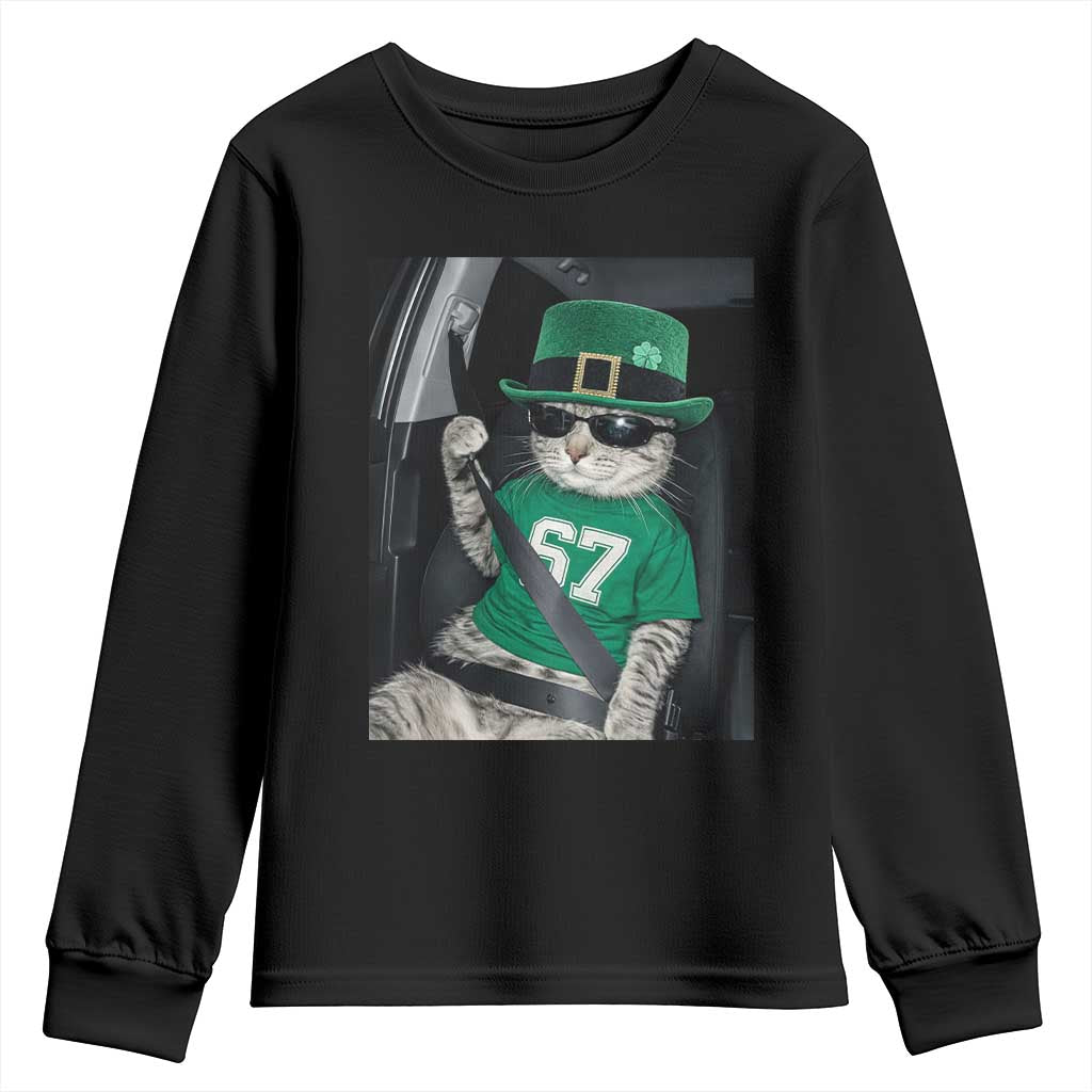 67 Cat St Patricks Day Youth Sweatshirt Funny Cat Driver Leprechaun Meme