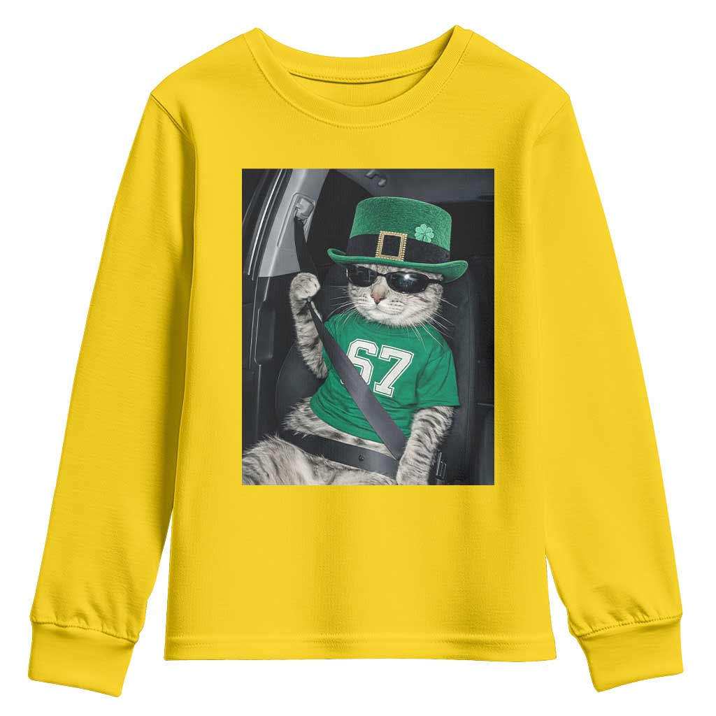 67 Cat St Patricks Day Youth Sweatshirt Funny Cat Driver Leprechaun Meme
