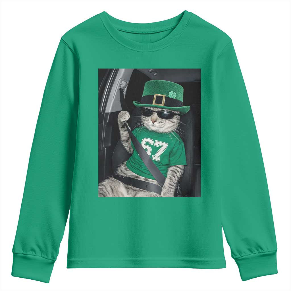 67 Cat St Patricks Day Youth Sweatshirt Funny Cat Driver Leprechaun Meme