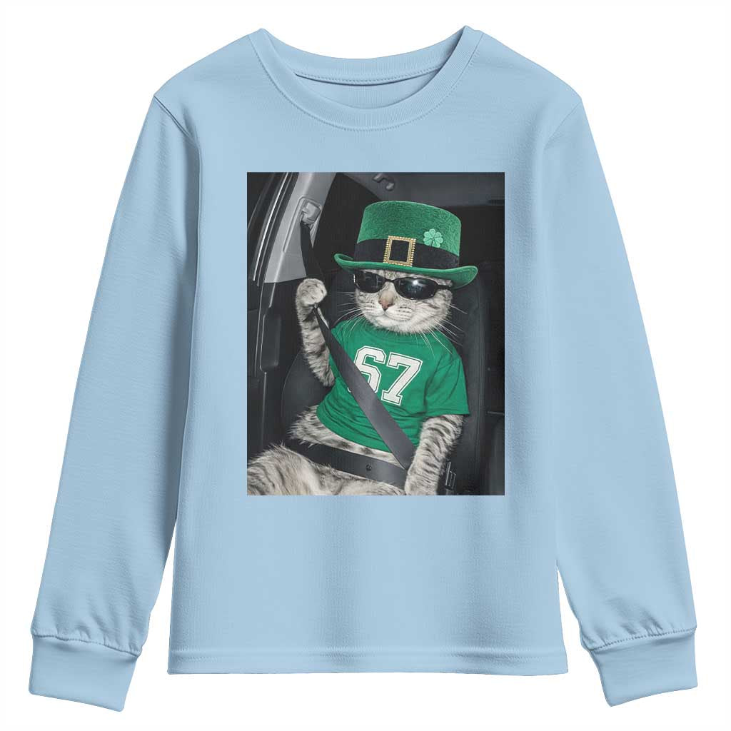 67 Cat St Patricks Day Youth Sweatshirt Funny Cat Driver Leprechaun Meme
