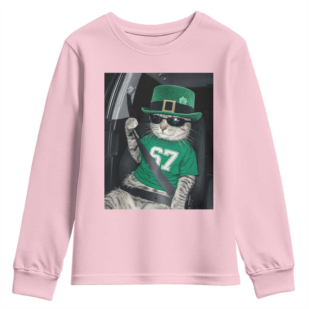 67 Cat St Patricks Day Youth Sweatshirt Funny Cat Driver Leprechaun Meme