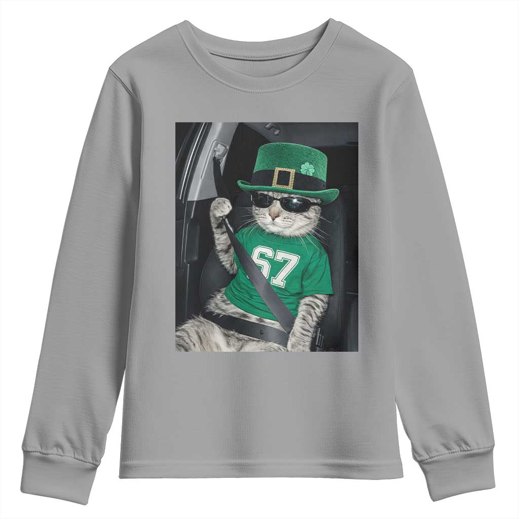 67 Cat St Patricks Day Youth Sweatshirt Funny Cat Driver Leprechaun Meme