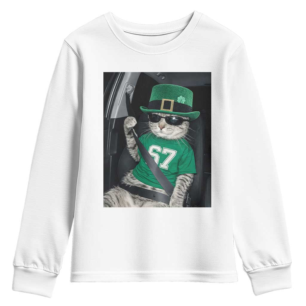 67 Cat St Patricks Day Youth Sweatshirt Funny Cat Driver Leprechaun Meme