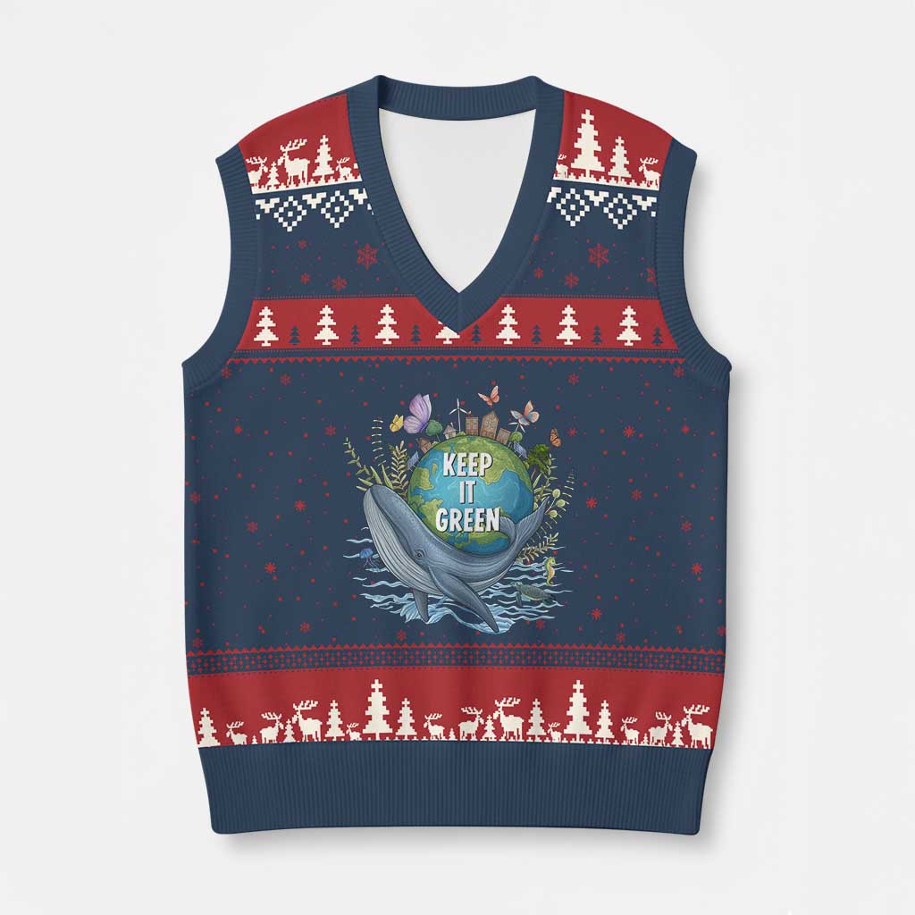 Keep It Green Earth Day V-Neck Knit Sweater Vest Eco-Friendly Nature Environmental Awareness