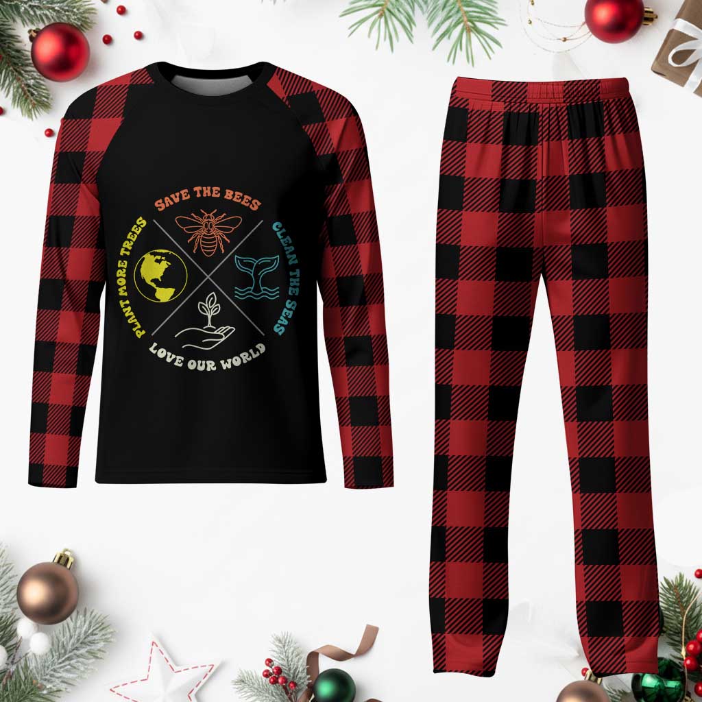 Earth Day Awareness Plaid Pajama Set Save The Bees Plant More Trees Clean The Seas Titties