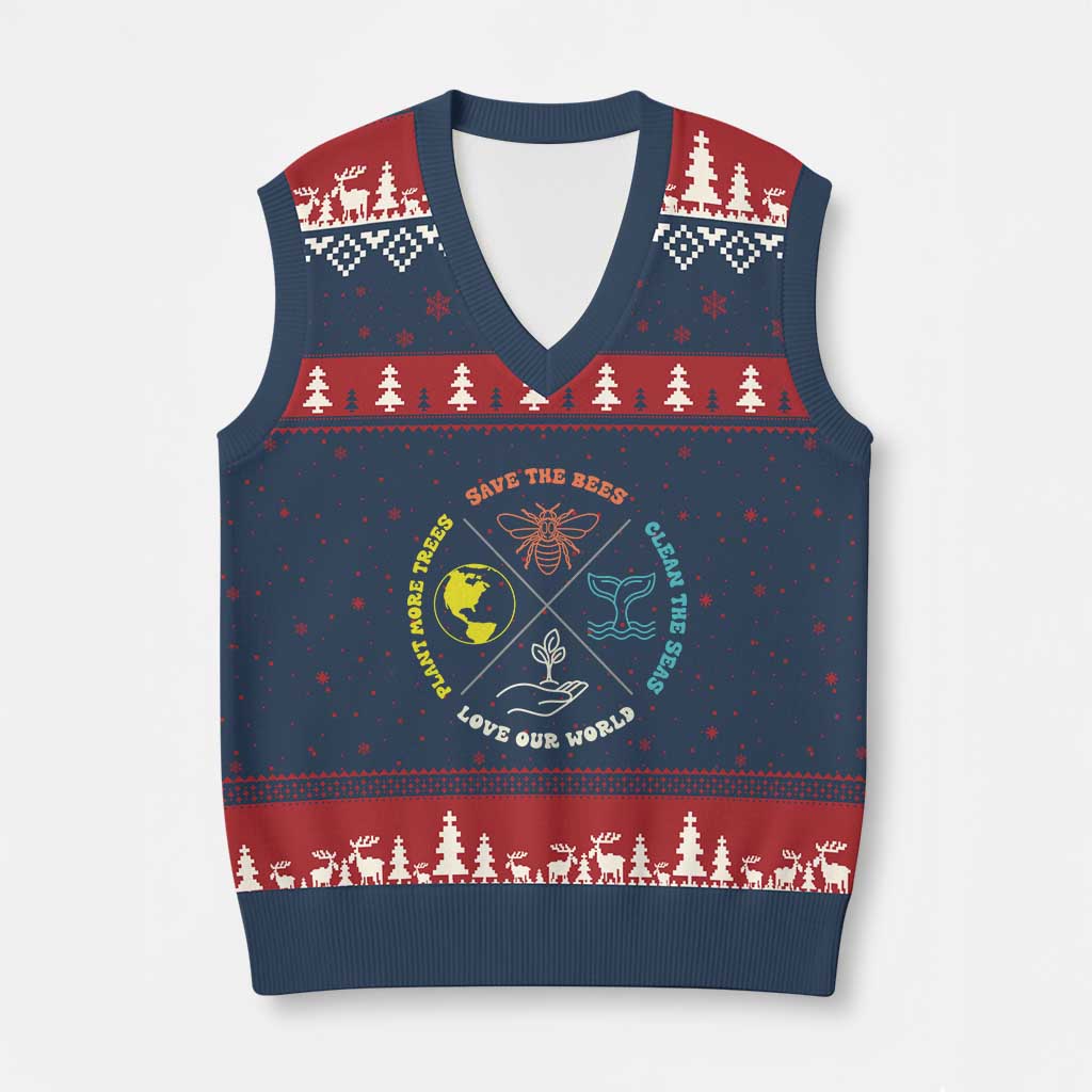 Earth Day Awareness V-Neck Knit Sweater Vest Save The Bees Plant More Trees Clean The Seas Titties