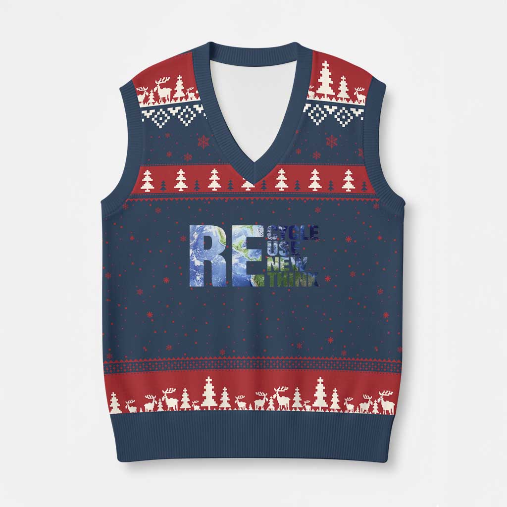 Earth Day V-Neck Knit Sweater Vest Recycle Reuse Renew Rethink