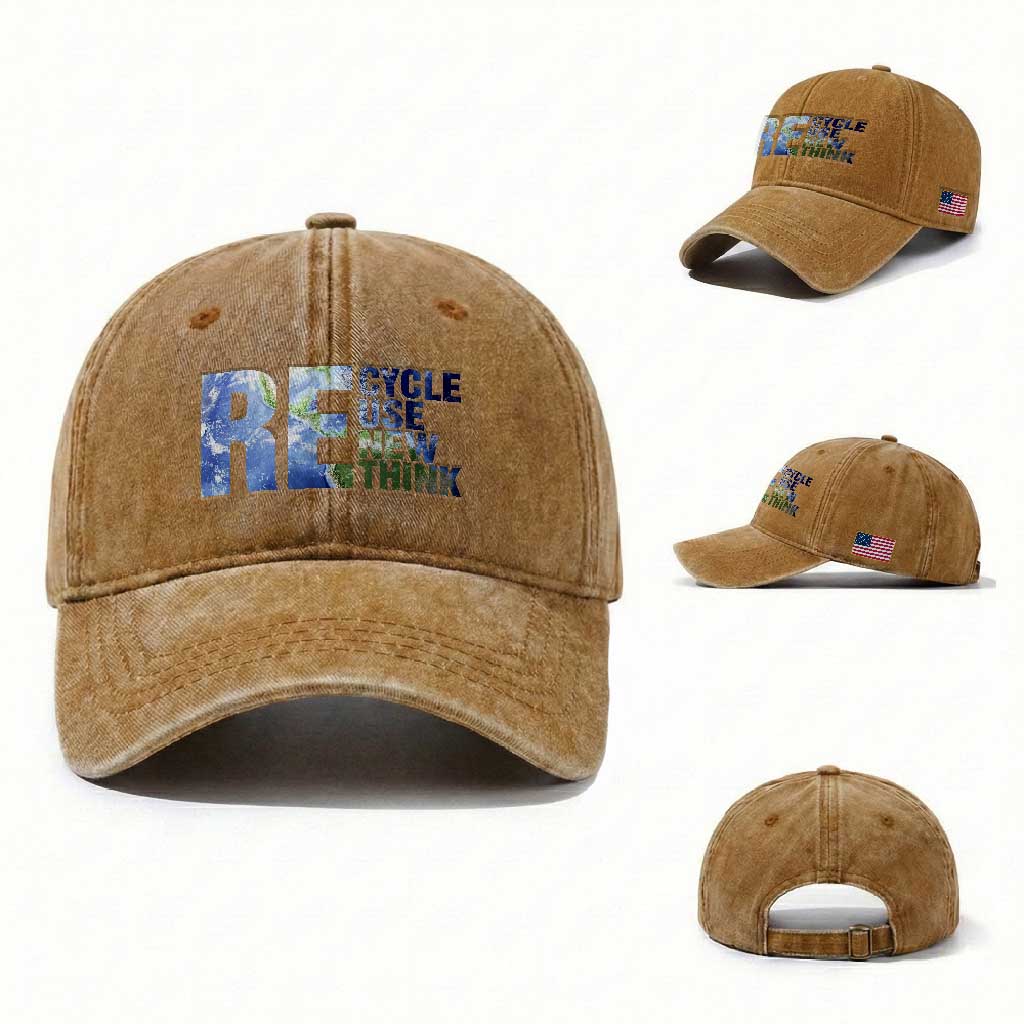 Earth Day Washed Cotton Baseball Cap Recycle Reuse Renew Rethink