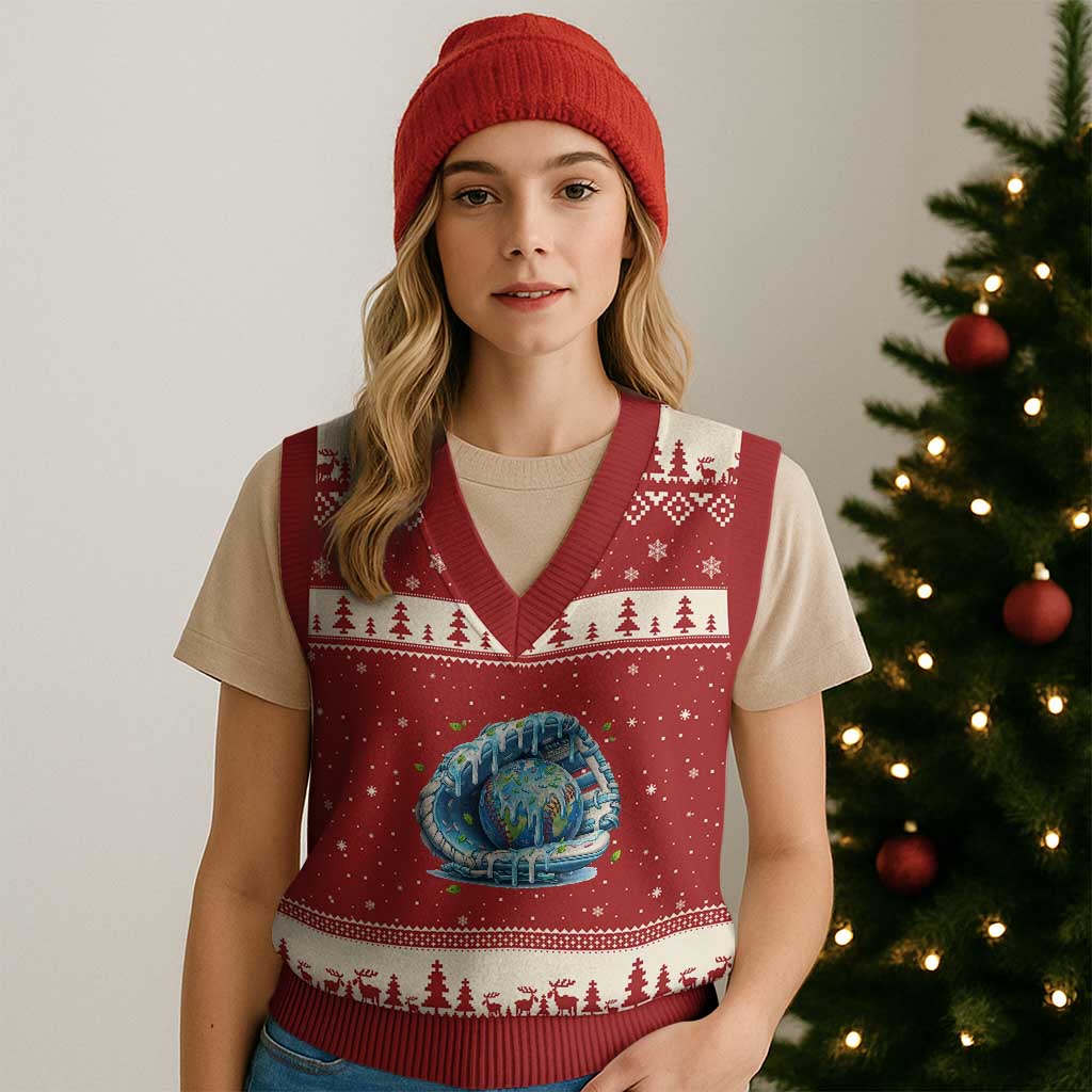 Earth Day V-Neck Knit Sweater Vest Funny Baseball Ice Cream Drip Glove Eco Friendly