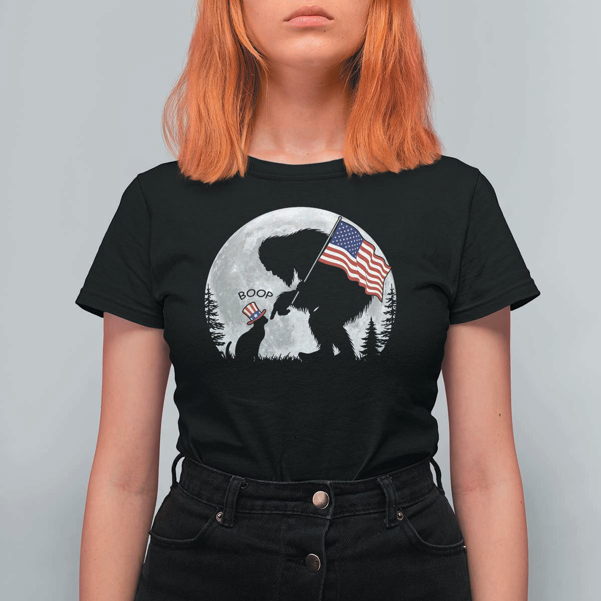 Bigfoot Boop Cat Moon T Shirt For Women Funny Sasquatch Meme 4th of July