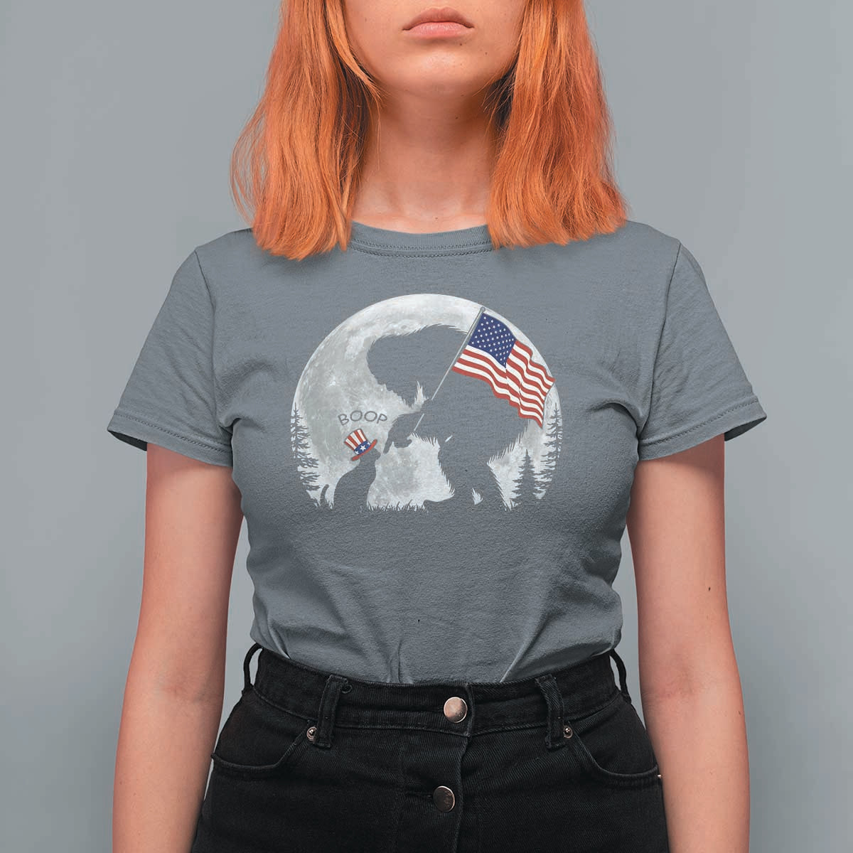 Bigfoot Boop Cat Moon T Shirt For Women Funny Sasquatch Meme 4th of July