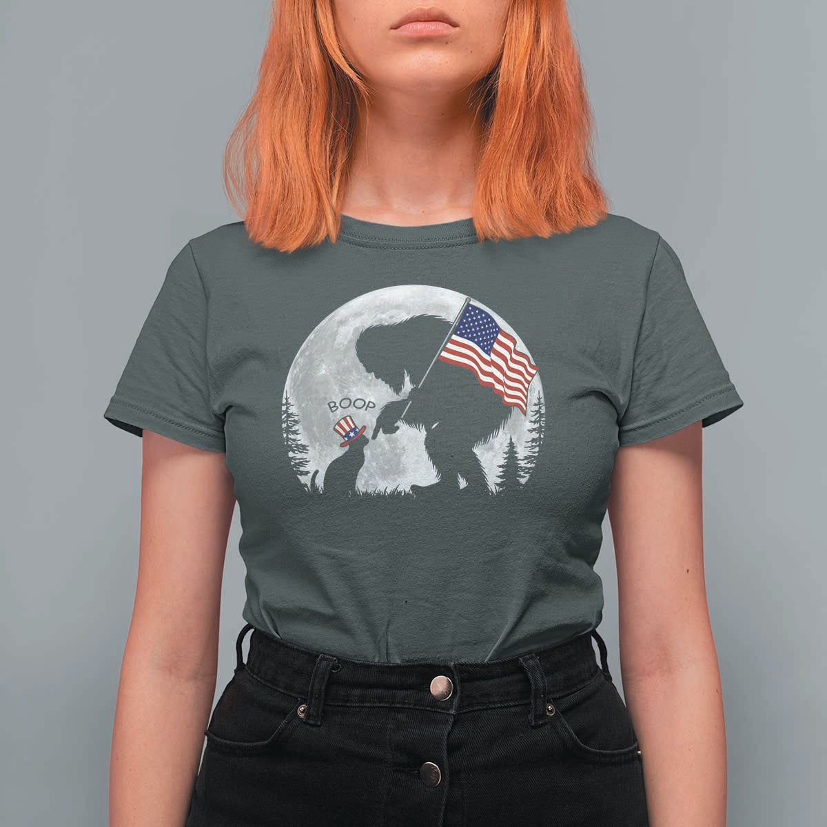 Bigfoot Boop Cat Moon T Shirt For Women Funny Sasquatch Meme 4th of July