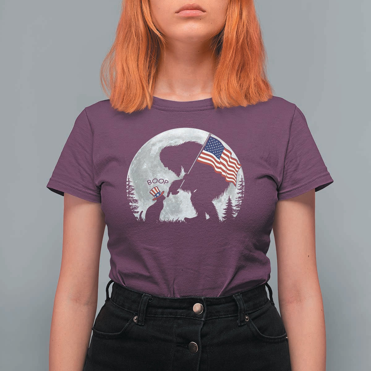 Bigfoot Boop Cat Moon T Shirt For Women Funny Sasquatch Meme 4th of July