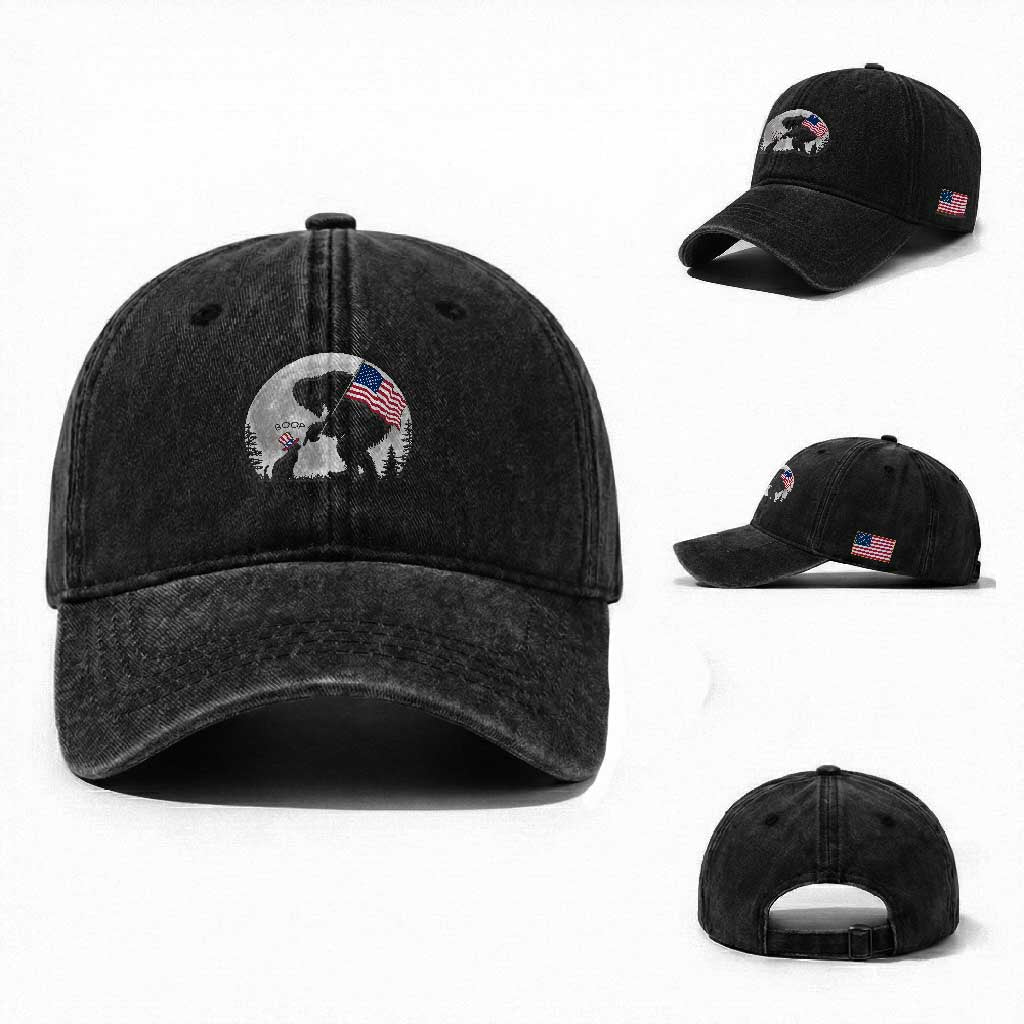 Bigfoot Boop Cat Moon Washed Cotton Baseball Cap Funny Sasquatch Meme 4th of July