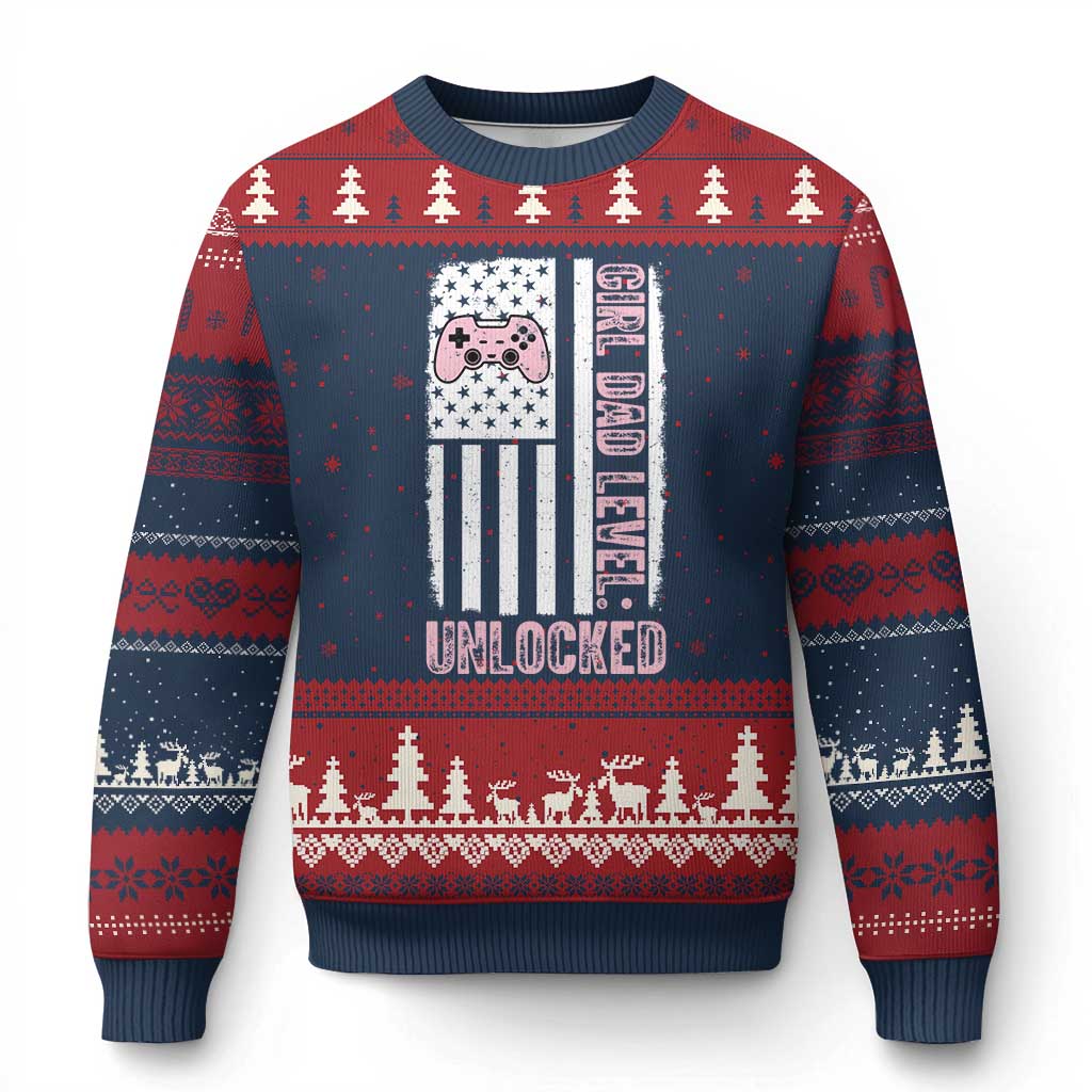 Girl Dad Level Unlocked Ugly Christmas Sweater Funny New Dad