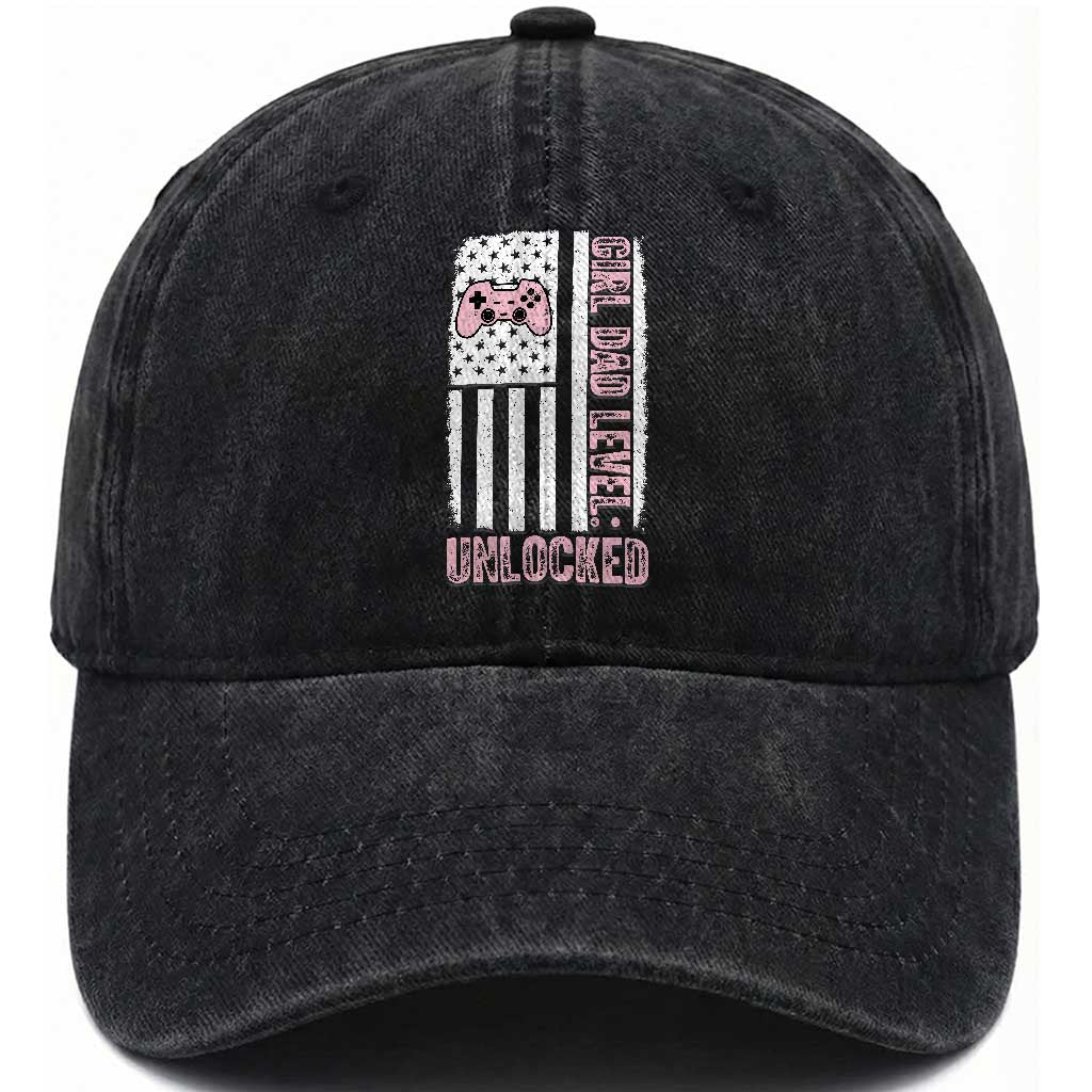 Girl Dad Level Unlocked Washed Cotton Baseball Cap Funny New Dad