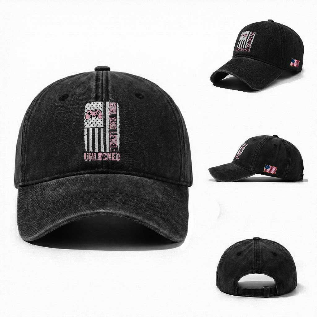 Girl Dad Level Unlocked Washed Cotton Baseball Cap Funny New Dad