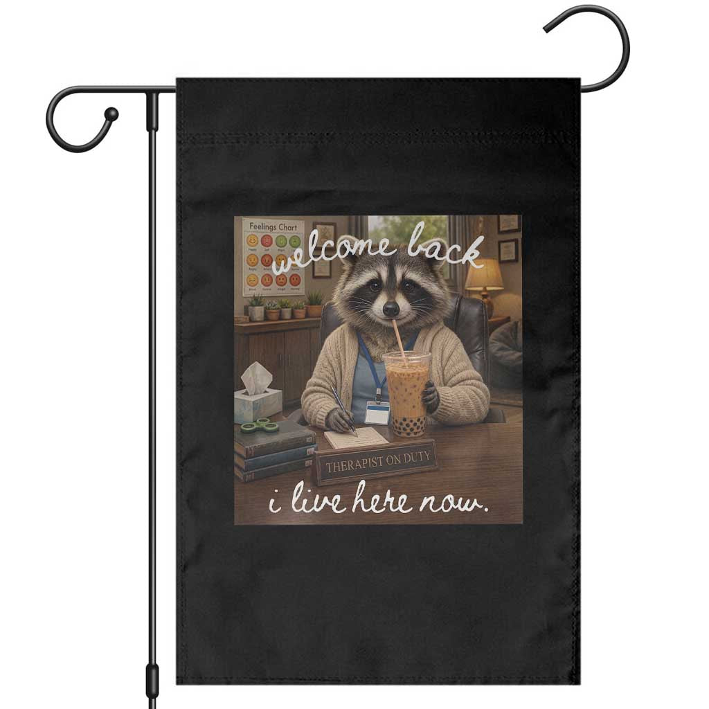 Funny School Therapist Raccoon Drinking Iced Coffee Garden Flag