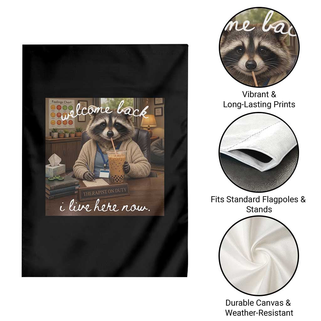 Funny School Therapist Raccoon Drinking Iced Coffee Garden Flag