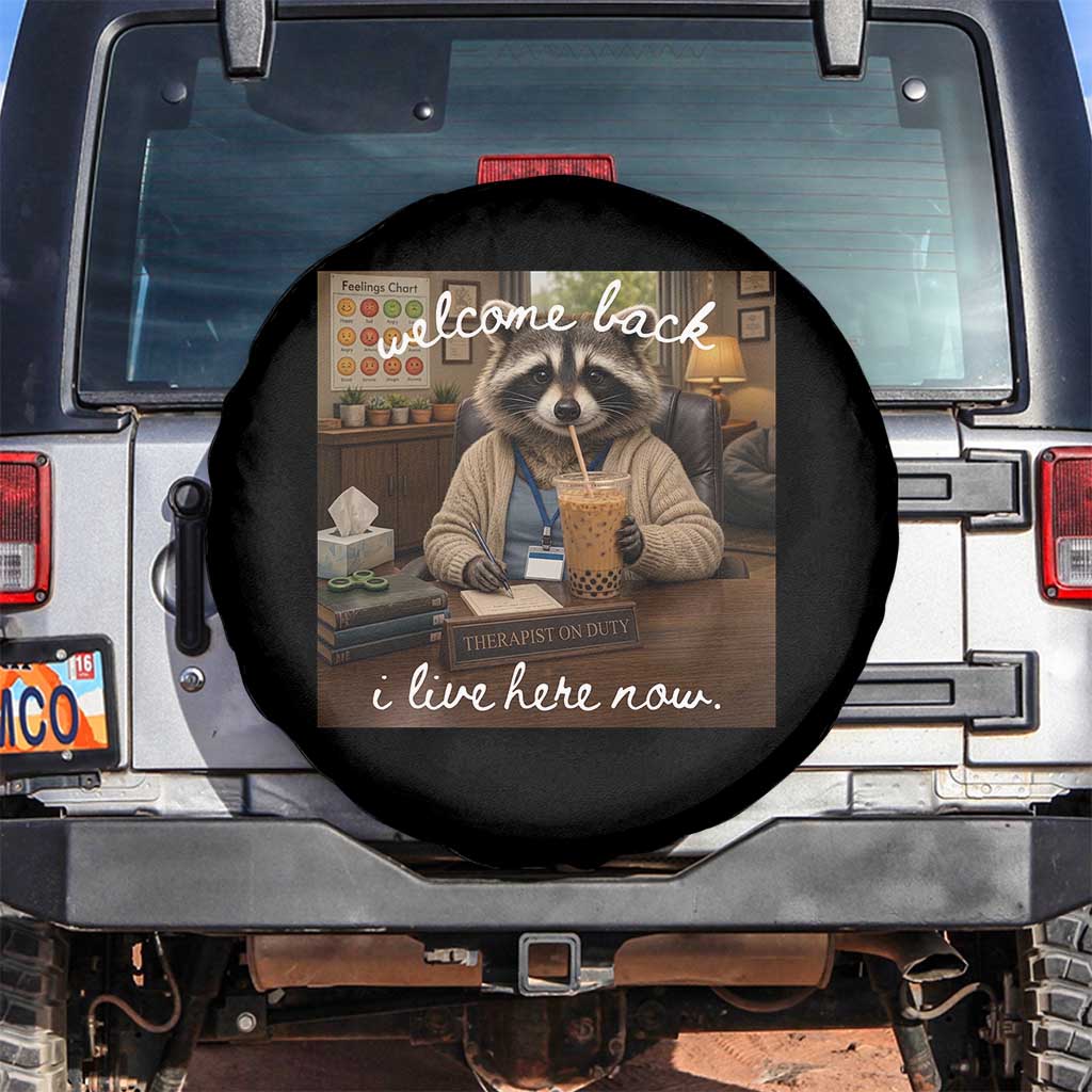 Funny School Therapist Raccoon Drinking Iced Coffee Spare Tire Cover