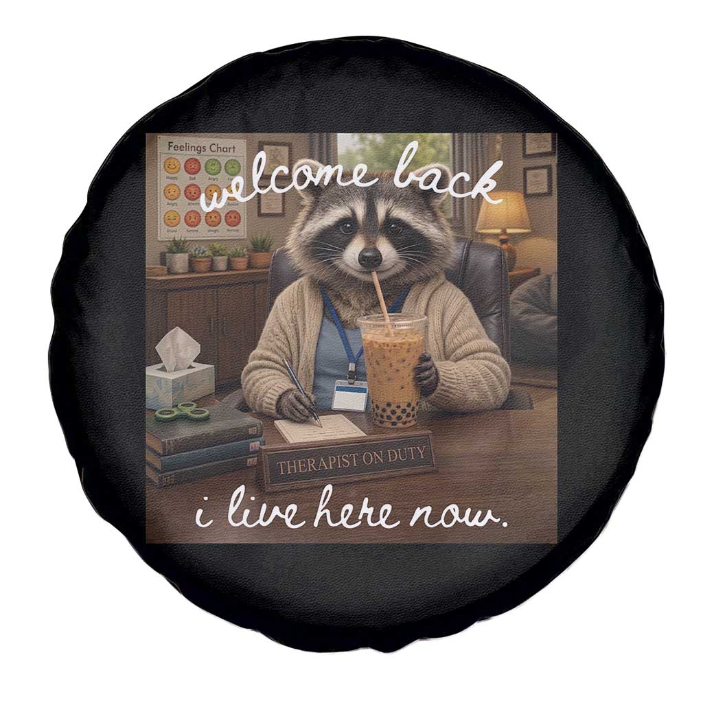 Funny School Therapist Raccoon Drinking Iced Coffee Spare Tire Cover