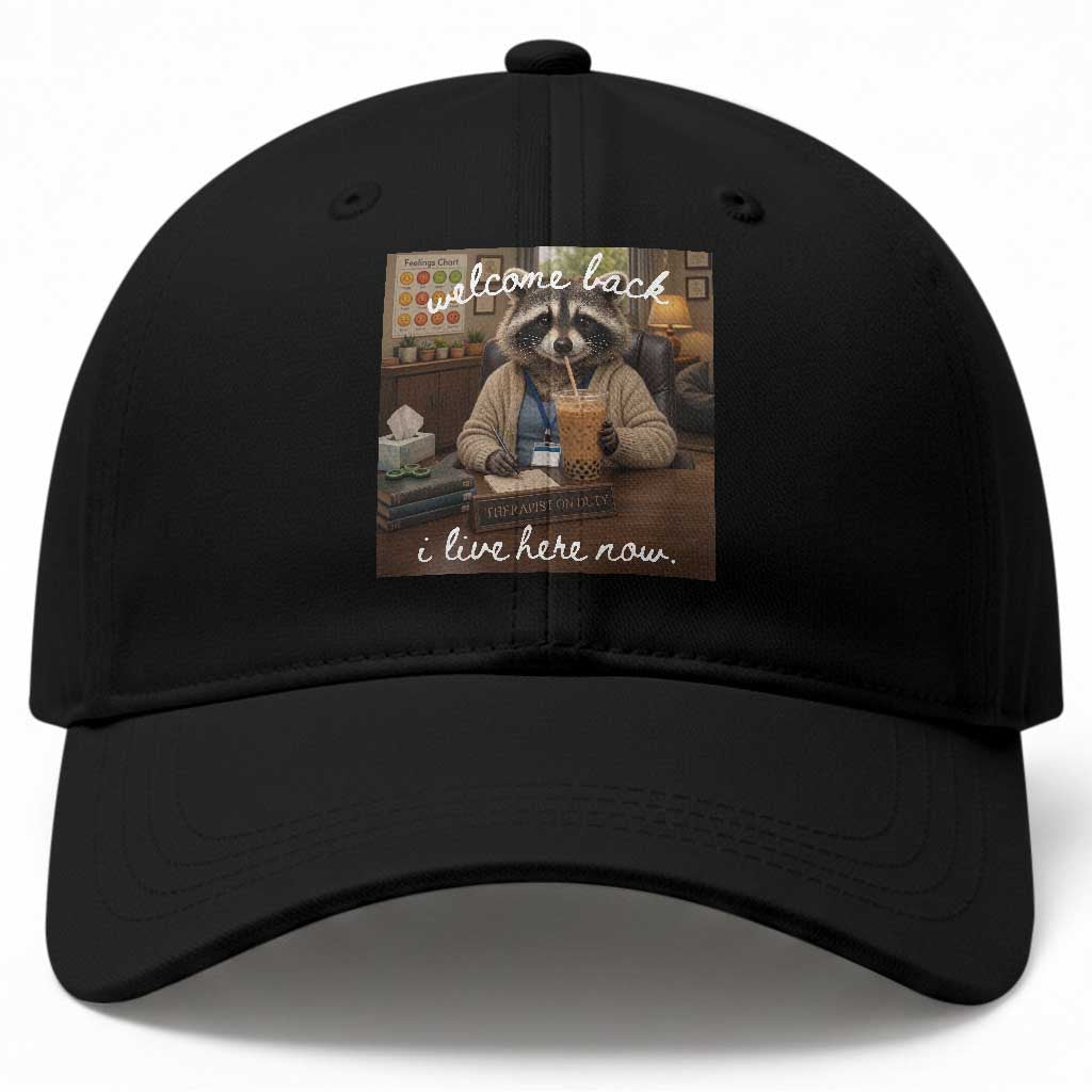 Funny School Therapist Raccoon Drinking Iced Coffee Baseball Cap