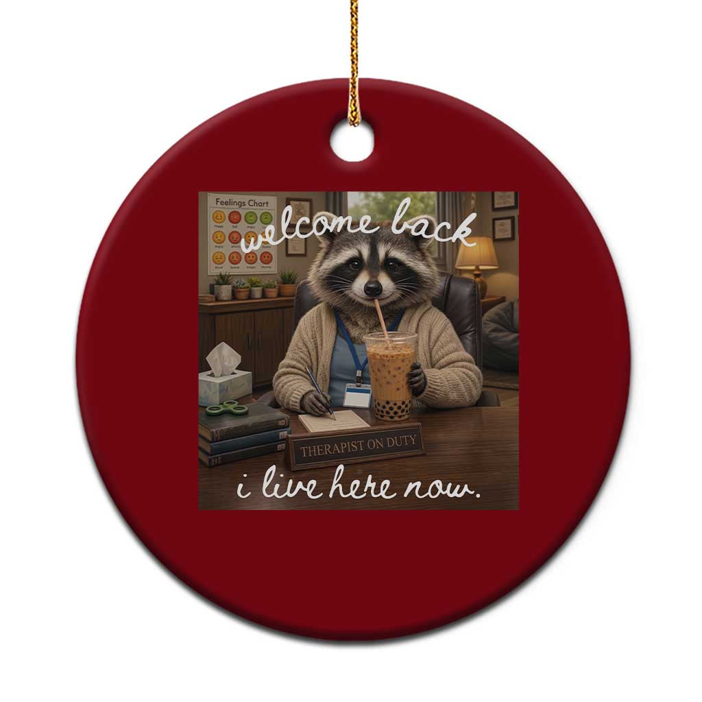 Funny School Therapist Raccoon Drinking Iced Coffee Ceramic Ornament