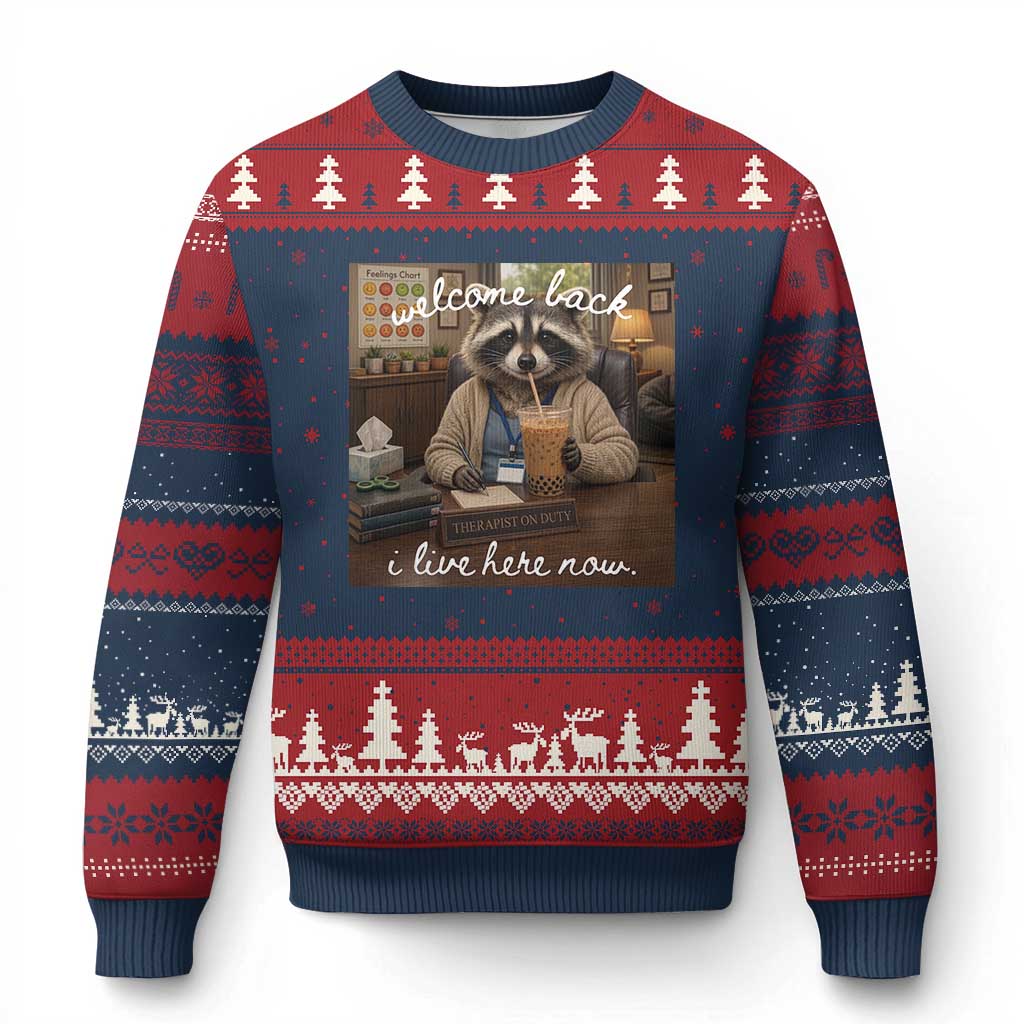 Funny School Therapist Raccoon Drinking Iced Coffee Ugly Christmas Sweater